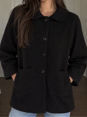 Black Button-Front Pea Coat with Rounded Collar
